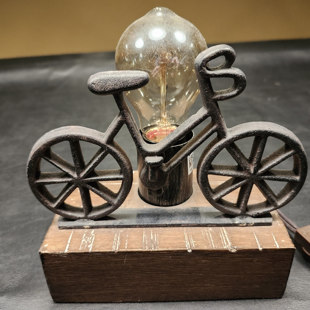 Rustic Bicycle Table Lamp - Black Metal & Wood